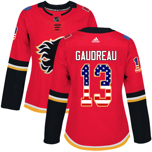 Adidas Flames #13 Johnny Gaudreau Red Home Authentic USA Flag Women's Stitched NHL Jersey
